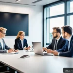 Home 22 사업 확장 시 고려할 재무적 요소 - A modern corporate office scene in Germany showing a diverse team of professionals engaged in a stra...