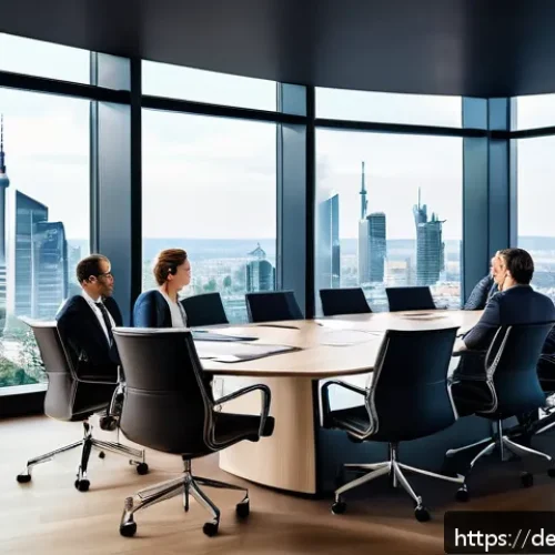 Home 30 사업 확장과 자본 비용의 관계 - A modern German office setting with a diverse group of business professionals in formal attire gathe...