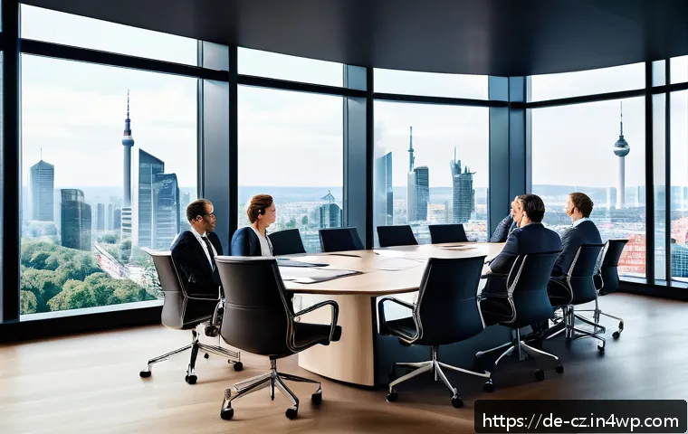 사업 확장과 자본 비용의 관계 - A modern German office setting with a diverse group of business professionals in formal attire gathe...